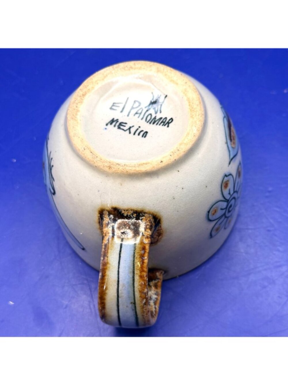 El Palomar Mexico Pottery Creamer Pitcher Vintage Blue Bird Floral Stoneware Mug - Picture 7 of 13